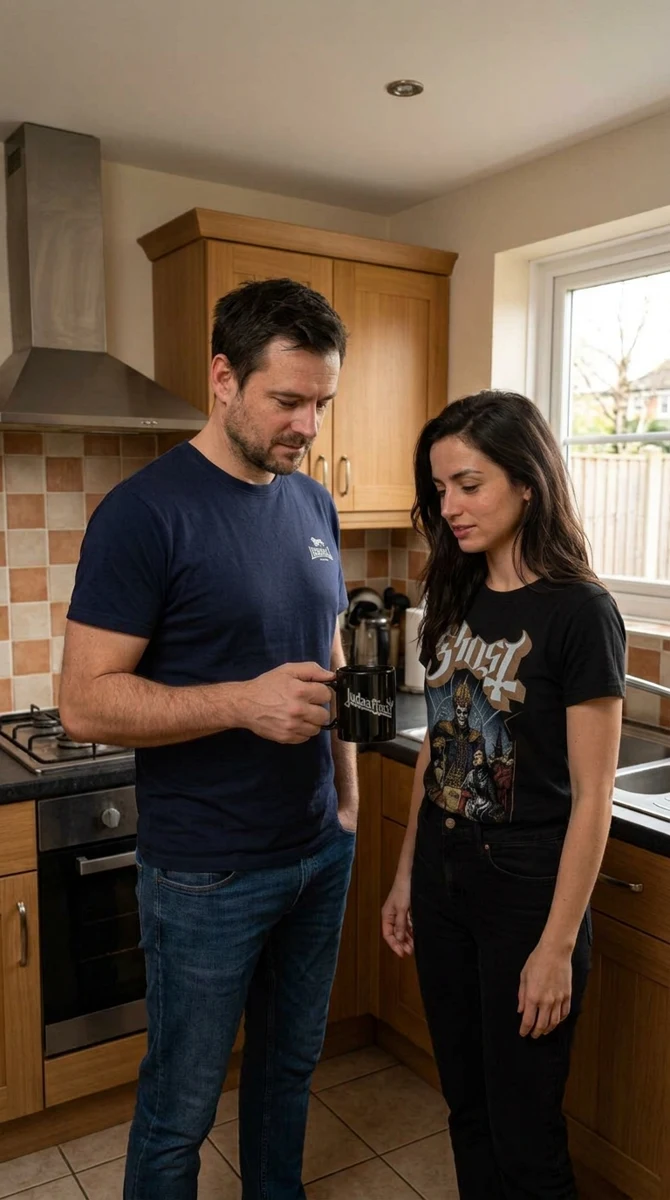 Bartek and Emily share a moment over coffee