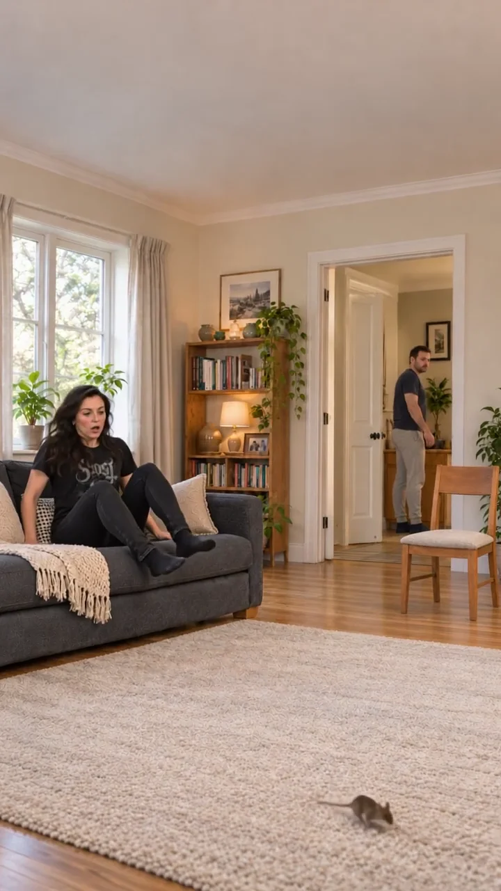 Emily spots a mouse while Bartek is in the doorway